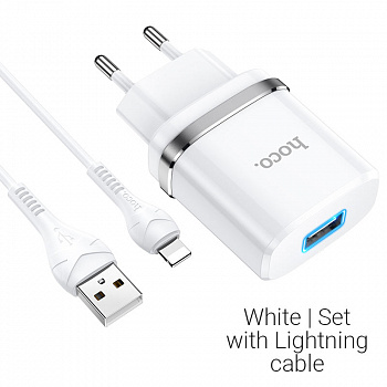 Зарядное устройство HOCO N1 Ardent Lightning, 2.4A, белый