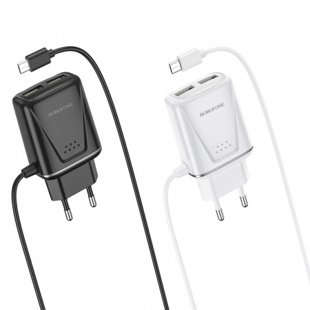 Зарядное устройство BOROFONE BA50A Beneficence micro USB, 2.1A, белый, два порта